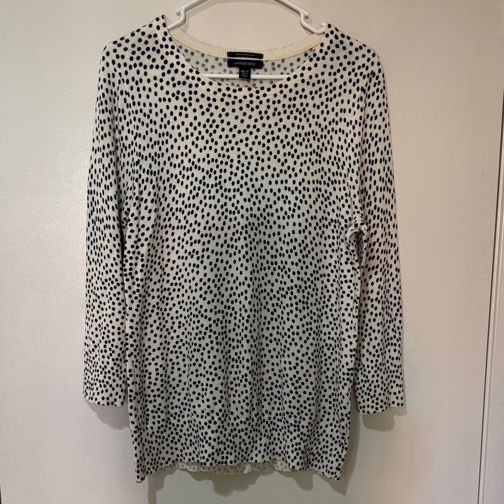 Lands' End Black and White Polka Dot 3/4 Long Sleeve Top Supima cotton M/T